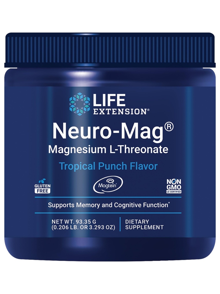 Life Extension Neuro-Mag Magnesium L-Threonate Powder (Tropical Punch) - Ultra-Absorbable 마그네슘 - Memory, Focus, Cognitive Function & Mood 지원 - 글루텐 무료, Non-GMO, 채식 (30 서빙)