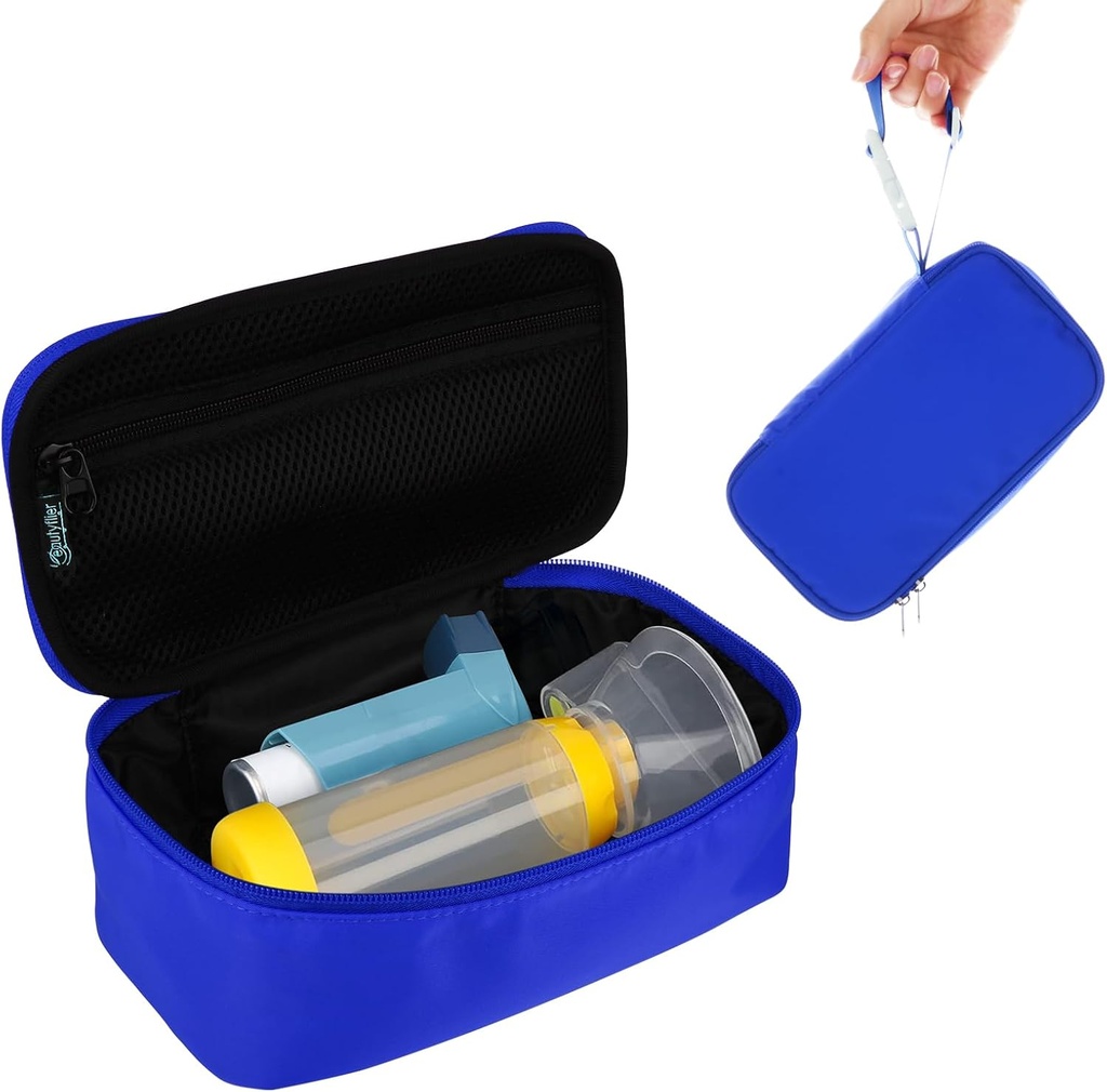 휴대용 분무기를 위한 아름다움 여행 나르는 케이스, 아이와 성인을 위한 Inhaler 간격 장치, Inhaler 홀더 Asthma는 약과 다른 정유를 위한 메시 주머니를 가진 부대를 나르고, 파란 (사례 전용)