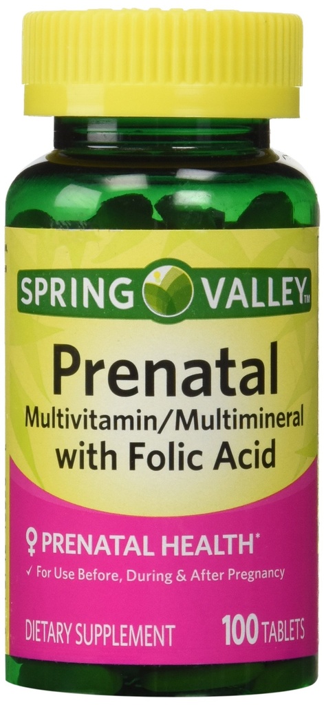스프링 밸리 - Prenatal, Multivitamin, Multimineral, 100 정제 w. Folic 산