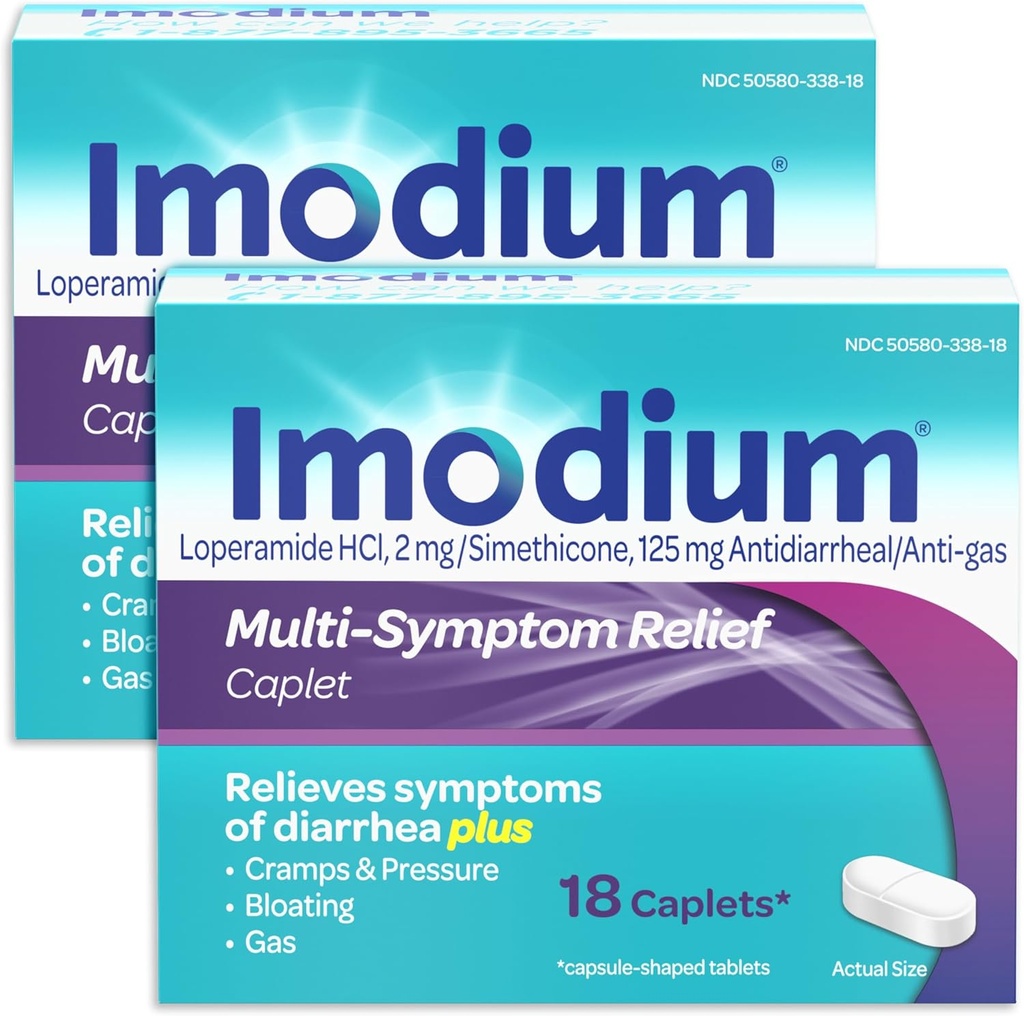 Loperamide Hydrochloride 및 Simethicone, Diarrhea, Gas, Bloating, Cramps & Pressure, 2 Pack의 치료를위한 항 Diarrheal 약을 가진 Imodium Multi-Symptom Relief Caplets