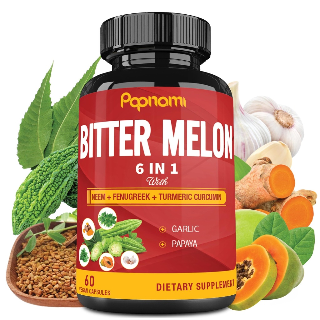 유기 쓴 멜론 추출물 캡슐 - 60 알약 2 달 - 결합된 Neem, Fenugreek, Curcumin, 마늘 & Papaya