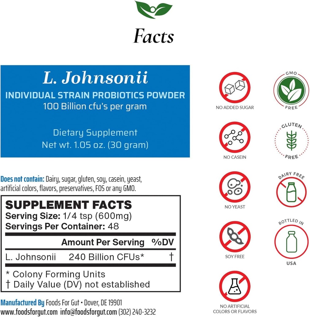 Gut Lactobacillus Johnsonii Probiotic Powder 100 Billion cfu's | 첨가물 없음 | 제조업체에서 직접 | 제3자 스토리지 | 면역 지원 | L. Johnsonii | 30 Grams (1.05 Oz)