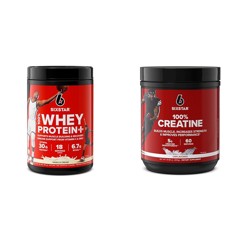 Six Star Whey Protein Plus & Creatine Monohydrate Powder 번들 | 바닐라 Whey Protein Isolate 1.8 파운드 & Unflavored Creatine 60 서빙
