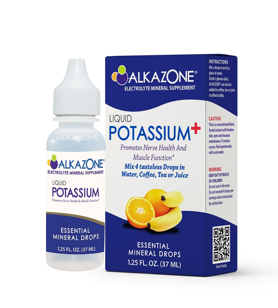 ALKAZONE Liquid Potassium+ | 액체 보충제는 더 빠른 흡수율을 가지고 있습니다 | 농축 | 칼륨을 복용하는 가장 쉬운 방법 | 맛없는 맛 | 1.25 Oz, Clear, Pack of 1