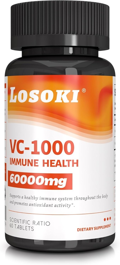 Losoki VC 1000 - 면역 지원 & 항 산화 방지제 보호를 위한 고 복용량 비타민 C 보충교재 - 로즈 HIPS 분말을 가진 완충기 공식 - 60 정제