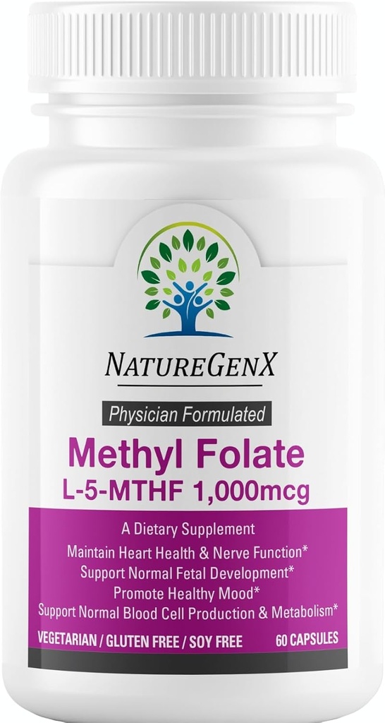 Methylfolate MTHRF 보충교재 - 1000 mcg 생물 활성 비타민 B9 (5-MTHF) - 임신 및 태아 건강 지원 - 60 캡슐 - 글루텐 자유로운