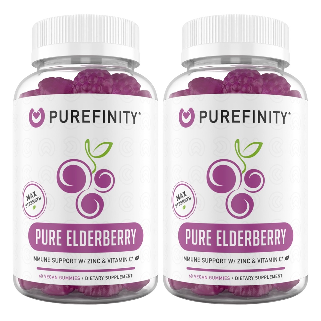 Sambucus, 비타민 C 및 아연을 가진 PUREFINITY Elderberry Gummies – 아이 & 성인을 위한 당신의 완벽한 매일 3-in-1 보충교재 – 글루텐 자유로운, 비 GMO, Vegan, 60의 조사 (포장 2)