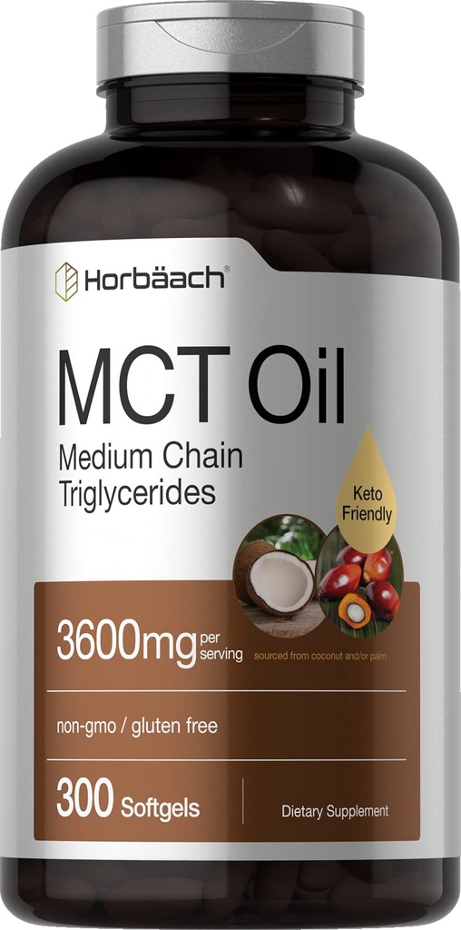 Horbäach MCT 기름 알약 | 3600mg | 300 Softgel 캡슐 | 코코넛에서 케토 보충교재 | Caprylic & Capric Acid | Non-GMO, 글루텐 프리