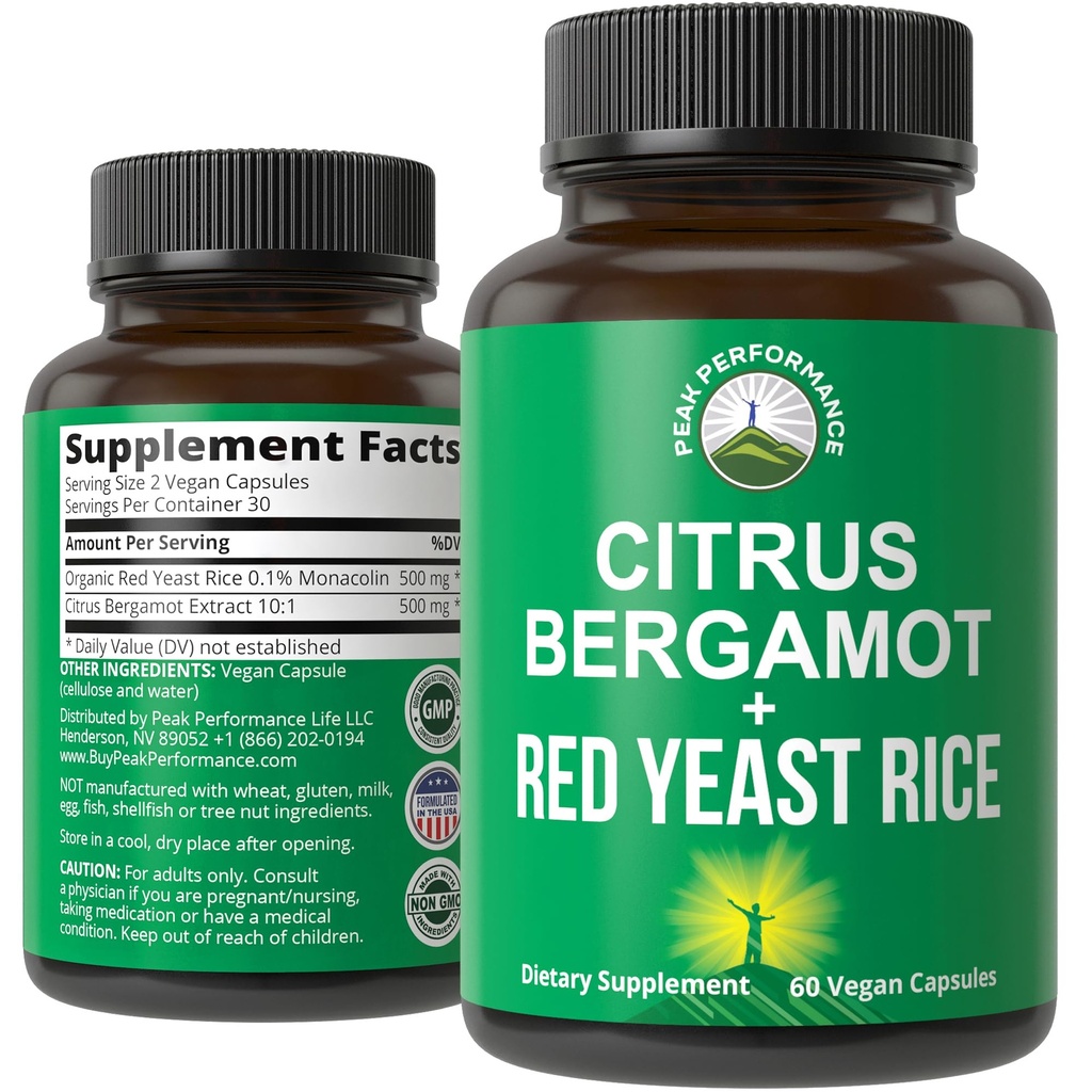 Citrus Bergamot + 빨간 효모 쌀. 2-in-1 보충. 고강도 10:1 Bergamot 추출물. 글루텐 없음, Zero Sugar, 채식 캡슐