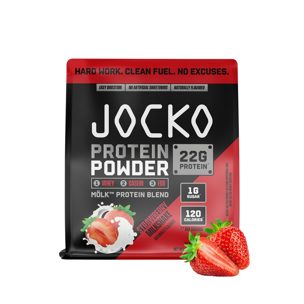 Jocko Fuel Mölk Whey Protein Powder 22g Low Sugar Monk Fruit Blend - 근육 회복 및 성장, 포장 May Vary (27 서빙, Strawberry Milkshake)