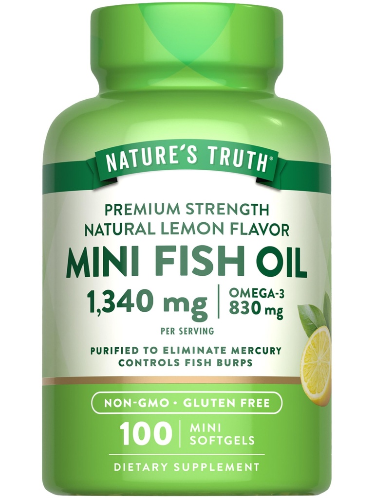 자연의 진실 미니 물고기 오일 오메가 3 | 1340 mg | 100 Softgels | Burpless 레몬 맛 | Non-GMO & 글루텐 무료 보충