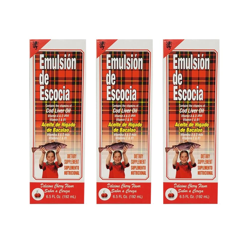 Emulsion de Escocia Cod Liver 기름 규정식 보충교재. 비타민 A, D, E 및 B1에 풍부한. 벚꽃 축제 6.5 밀 Oz / 192 mL. 3 팩