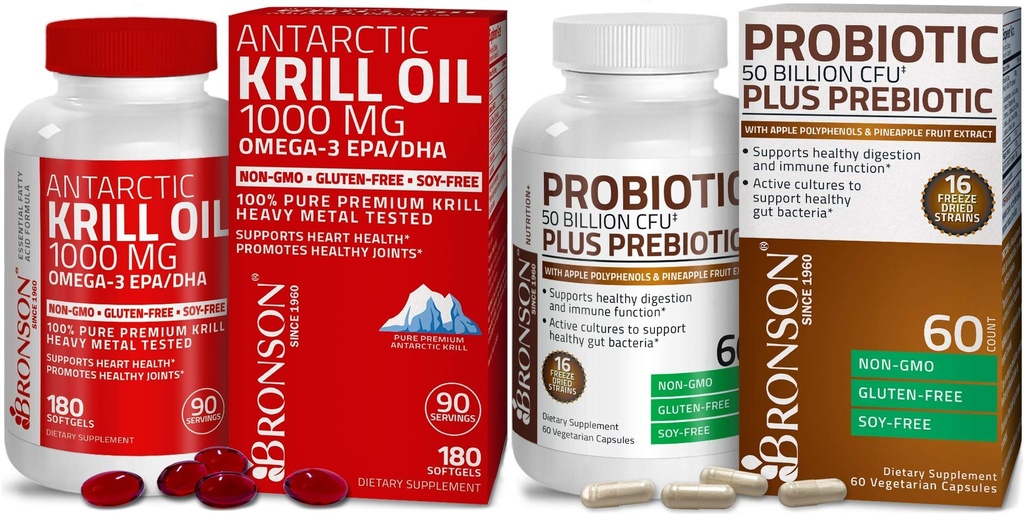 Bronson Probiotic 50 억 CFU + Apple Polyphenols & Pineapple Fruit Extrac Antarctic Krill Oil 1000 mg 와 Omega-3s EPA DHA