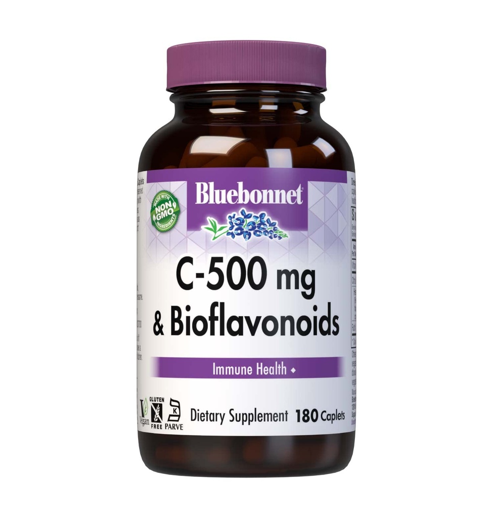 Bluebonnet 영양 C-500 mg 플러스 Bioflavonoids 캡슐, 비타민 C 500 mg, Citrus Bioflavonoids 250 mg, 면역 건강, 콩 무료, 글루텐 무료, 비 GMO, 코셔, 낙농장 무료, 채식주의자, 180 캡슐