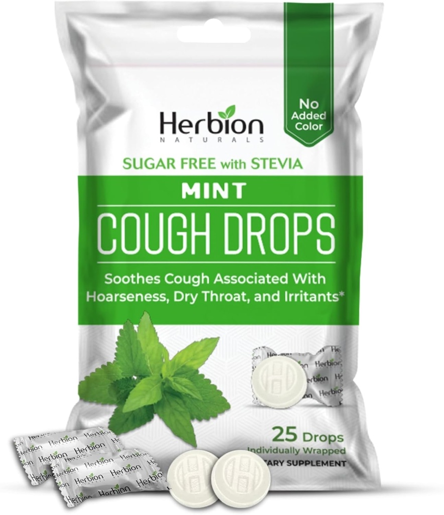 HERBION Naturals Cough Drops, Stevia, Dietary Supplement, Soothes Cough, 성인 및 어린이 6 년 이상, 125 드롭 (팩 5), Mint