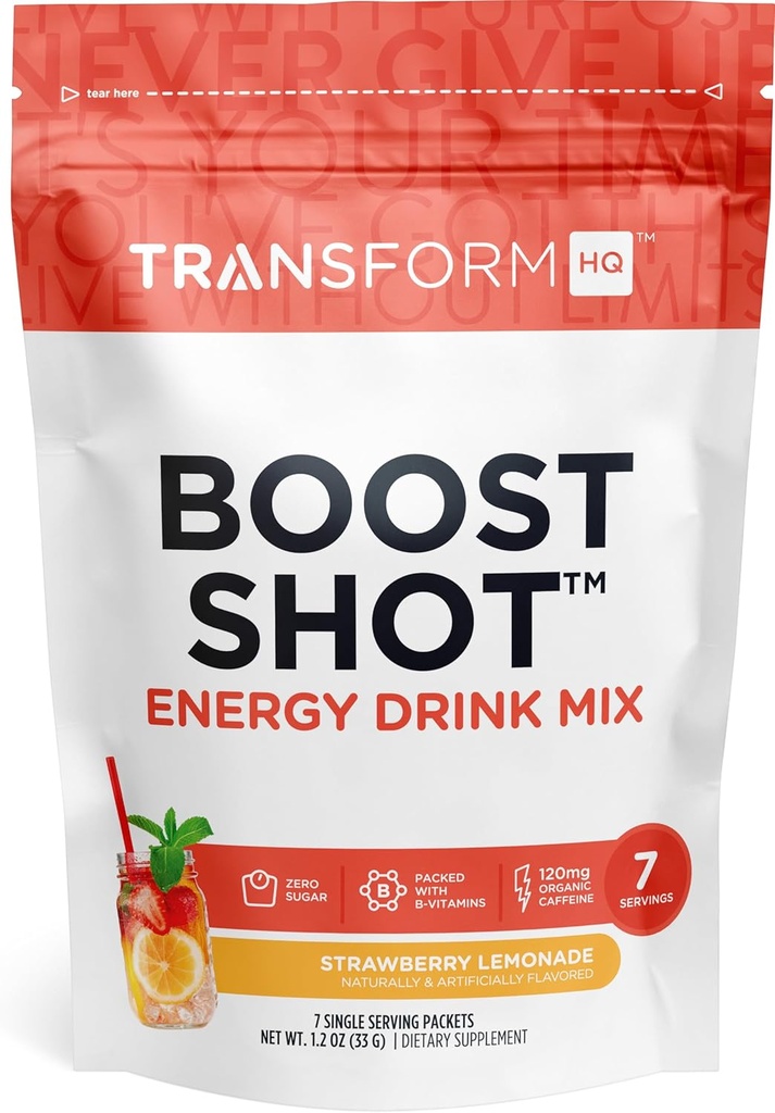 TransformHQ 부스트 샷 분말 음료 스틱 패킷, Strawberry Lemonade, 7 팩, Caffeine, 비타민 B12, B9, B6 및 B3와 함께 여성 및 남성 에너지 보충제