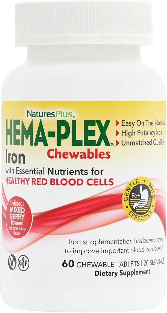 Nature Plus Hema-Plex Iron - 60 혼합 Berry Chewables - 85 mg Elemental Iron - 총 혈액 건강 - 비타민 C 및 Bioflavonoids - Non-GMO, Vegan & 글루텐 무료 - 20 서빙