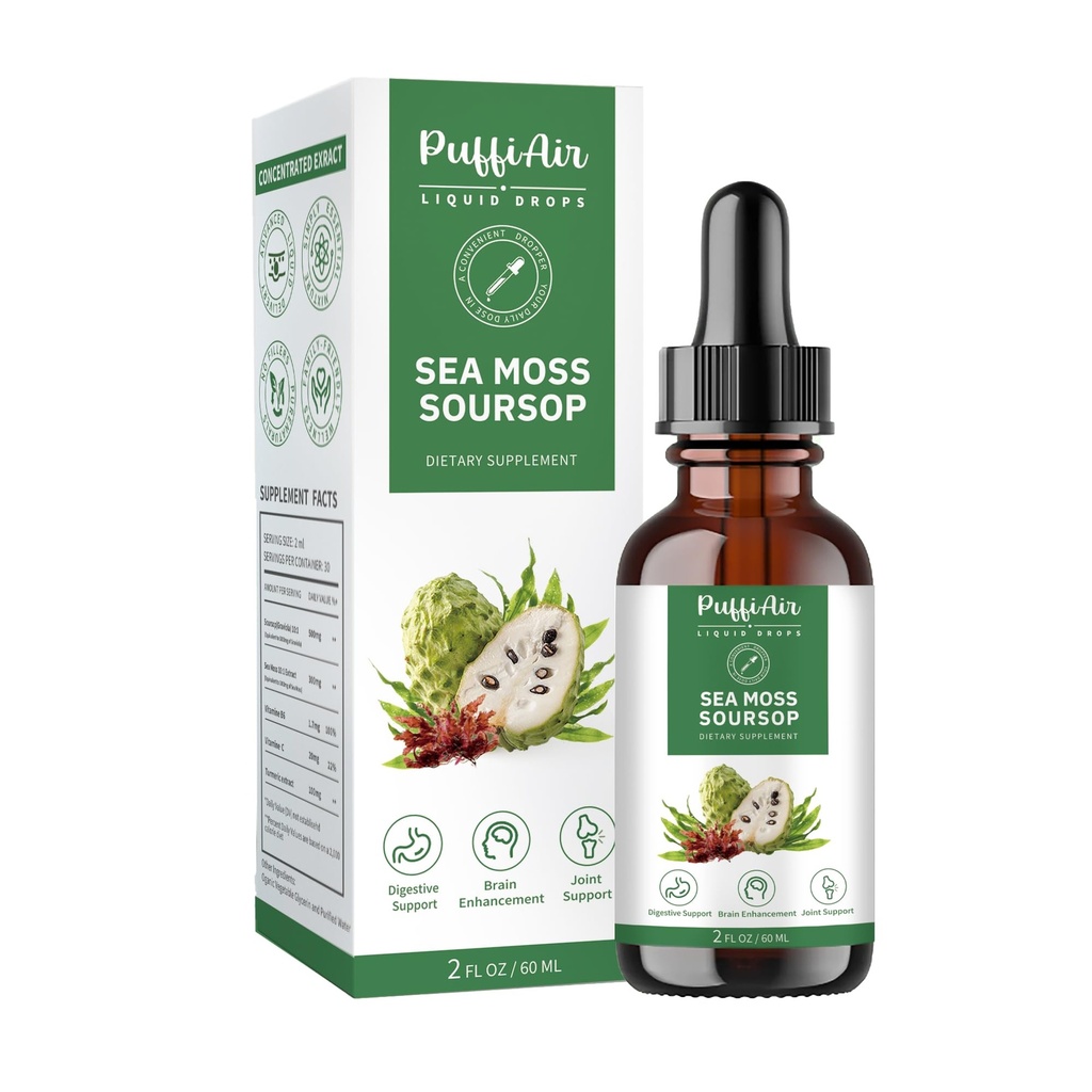 PUFFIAIR Soursop (Graviola) & 바다 Moss 액체 드롭 셀 지원 및 재생, 면역 부스트, 휴식, 간결 및 수면, 초본 추출물, 설탕 / 글루텐 무료, 천연 맛, 2 Fl Oz / 60ml