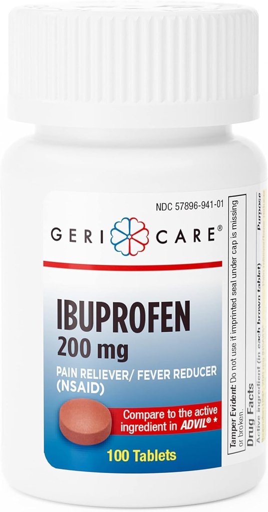 GeriCare Ibuprofen 200mg 고통 Reliever와 Fever 흡진기 - 두통, 감기, 치체 및 관절 통증 100 개 (팩 1)