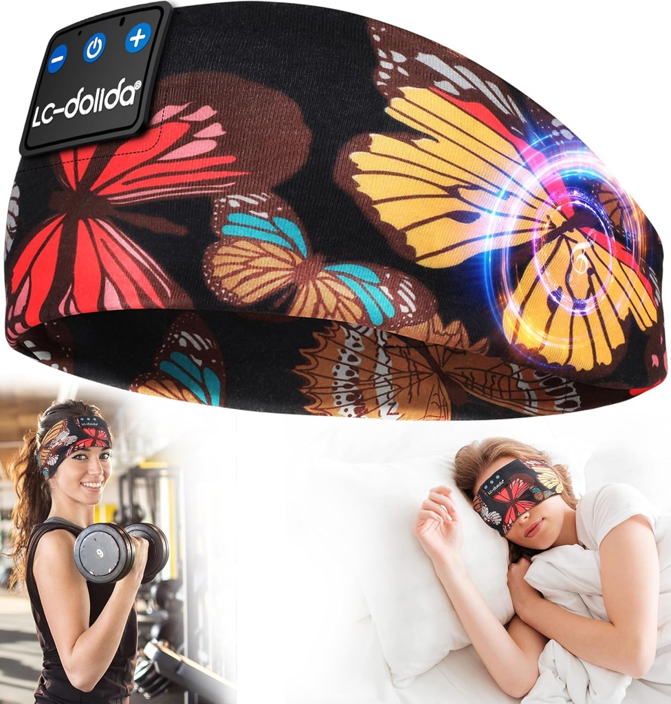 LC-dolida Sleep Headphone Headband Bluetooth 5.4, Sports Headband Earphones Wireless with Speaker 마이크로폰 USB C 여성용 수면 선물 운동 조깅 요가 Insomnia Travel Meditation, Butterfly
