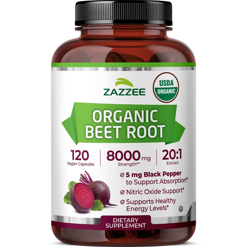Zazzee USDA 유기 소금 뿌리 8000 mg 힘 20:1 추출물, 120 Vegan 빠른 방출 캡슐, 강화한 흡수를 위한 까만 고추 추출물, 지원 Nitric 산화물 생산, 미국에서 만드는 비 GMO