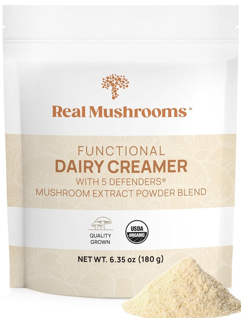 Mushroom 추출물이있는 Real Mushrooms Functional Dairy Creamer - 유기 Lucuma & Maple Powder로 단화 - 기능성 유기 크림 - 90 서빙, 차, 스무디 및 커피 크림 분말