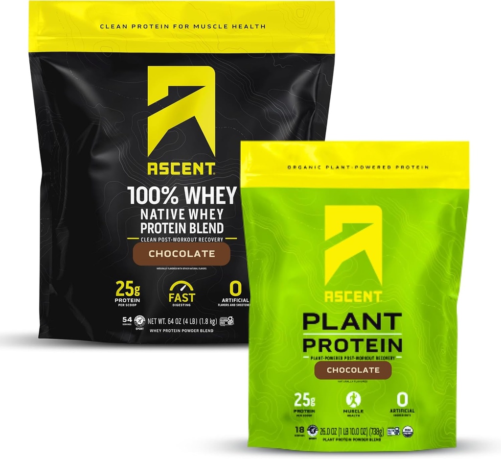 Ascent Whey 4 lb + 식물 단백질 분말 18 서빙 - 초콜릿