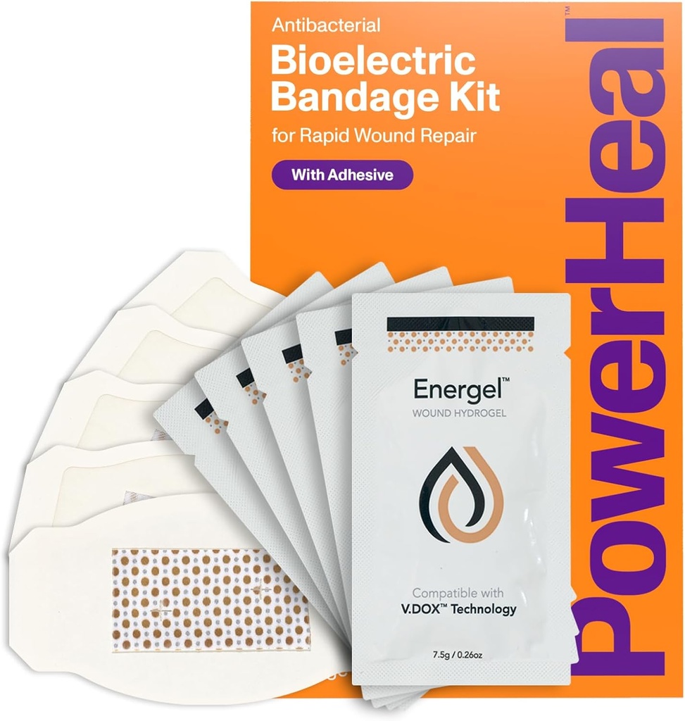 PowerHeal Bioelectric Bandage Kit for Wound Care & Fast Healing – 3-Layers w/Bioelectric Pad, 흡수 패드, 접착제 + Wound Hydrogel – 절단, 마모, 물집, 화상 – 5-Pack, 2.3" x 3.5"