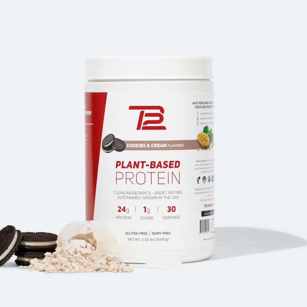 TB12 식물 Tom Brady, Vegan Pea Protein, Low Sugar, Low Carb, Non-GMO, 식사 교체, Keto Friendly, Paleo, Sugar Free, Cookies 및 크림 맛의 24g에 의해 기반 단백질 분말 (30 인분)