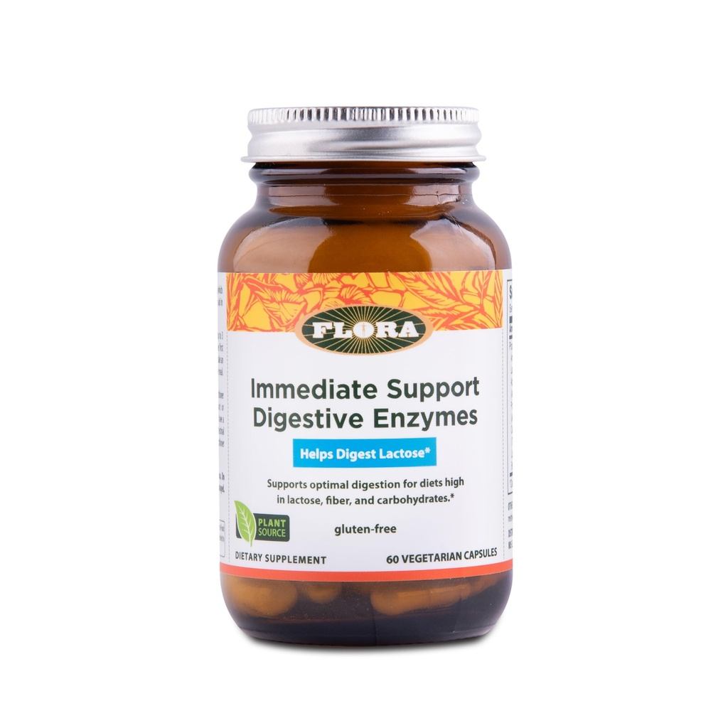 Flora - 즉각적인 지원 소화 효소 - Lactose Digestion, Bloating, Heartburn & Gas 지원 - 7 효소 포함 - 글루텐 - 60 채식 캡슐