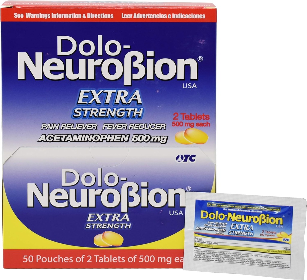 Neurobion Dolo Pain Reliever, Fever Reducer, 추가 강도, Fuerte, Alivia el Dolor, 감소 la Fiebre 분배기 50 x 2 정제