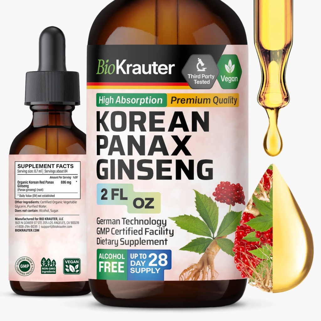 BIO KRAUTER Panax 인삼 추출물 액체 - 한국어 레드 인삼 보충 알코올 무료 - 면역 지원 - Vegan, Sugar Free - 2 Fl.Oz.