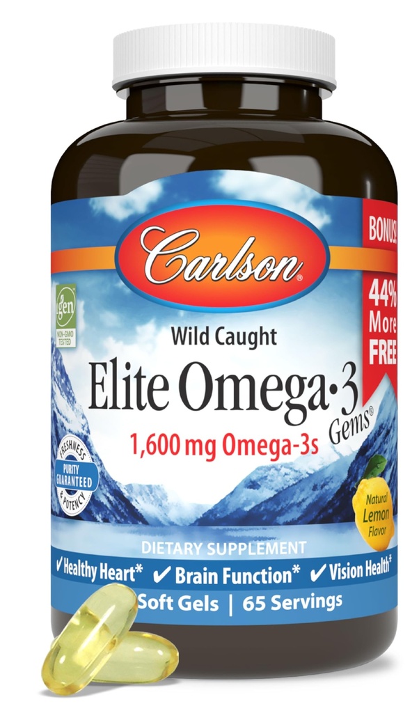 Carlson - 엘리트 Omega-3 보석, EPA와 DHA를 포함하여 1600 mg Omega-3 지방산, 노르웨이어, Wild-Caught Fish Oil Supplement, 지속 가능한 Sourced Omega 3 물고기 기름 캡슐, 레몬, 130 Softgels