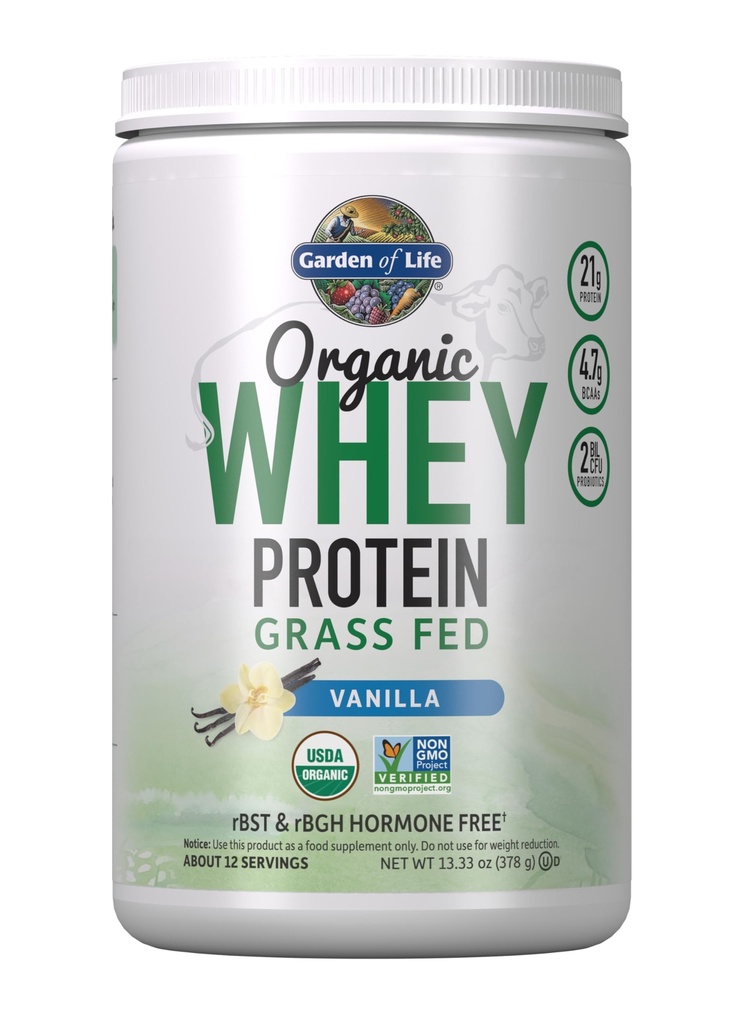 생명 잔디의 정원은 Whey Protein Powder Vanilla - 21g Protein for Women & Men + Probiotics - 12 서빙 - 글루텐 무료, 비 GMO, Kosher, Humane, RBST 및 rBGH 호르몬 무료