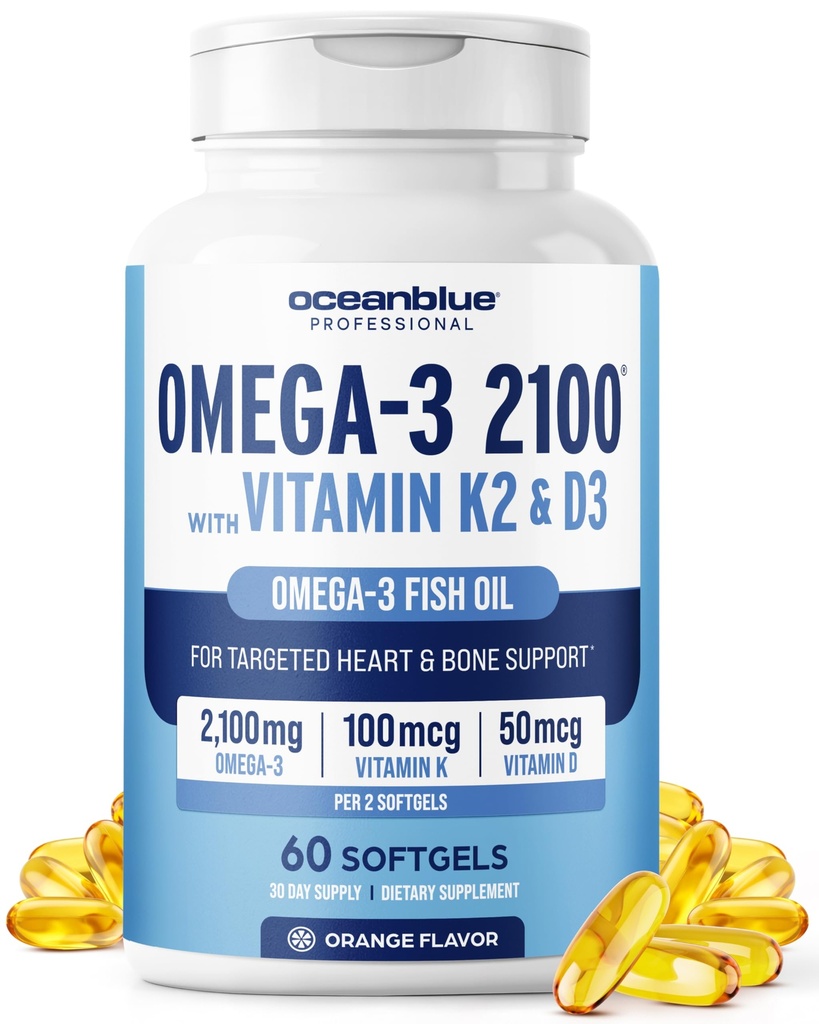 Oceanblue 직업적인 Omega-3 2100 비타민 K2와 비타민 D3-60 조사 - EPA, DHA & DPA를 가진 3배 힘 Burpless 물고기 기름 Omega-3 보충교재 - 야생 잡초 - 오렌지 풍미, 30의 서빙