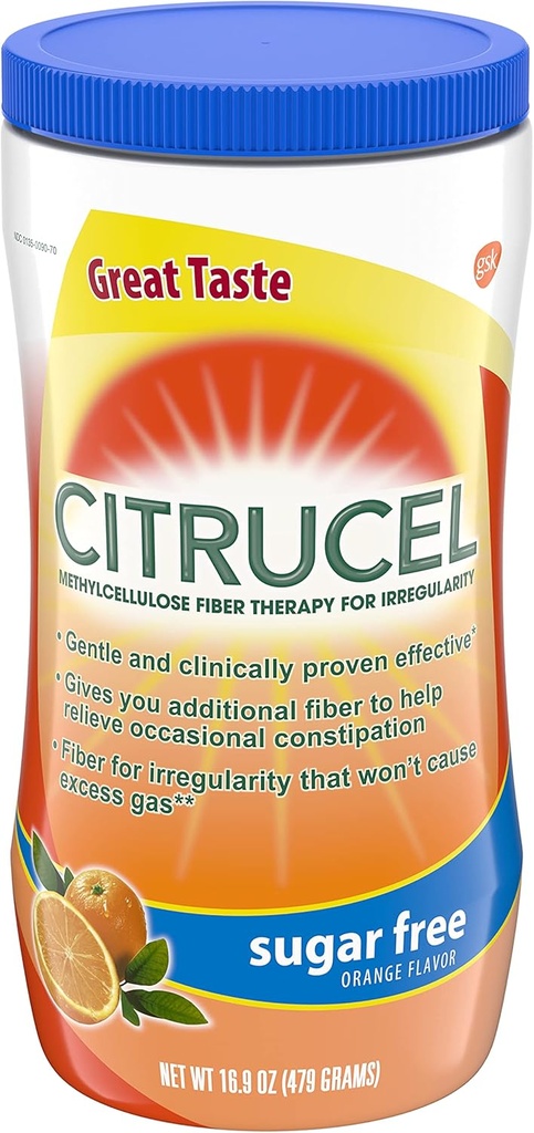 Citrucel Sugar Occasional 변비 구호, Methylcellulose 섬유 분말, 주황색 풍미를 위한 자유로운 섬유 분말 - 16.9 Ounces