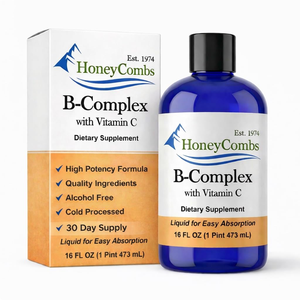 HoneyCombs 비타민 B 복합 드롭 - 비타민 B1, B2, B3, B5, B6, B7, B9, B12 및 비타민 C - 슈퍼 B 복합 비타민 - 알코올 무료 액체 비타민 보충, 16 Fl Oz.