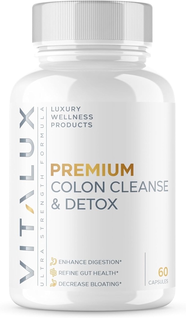 VITALUX || #1 정격 프리미엄 콜론 클렌징 & 데톡스 || Digestion, Gut Health, Decrease Bloating | Ultra Dosed Formula w/ 10 강력한 성분 | 3rd Party Tested + USA Made - 60 캡슐