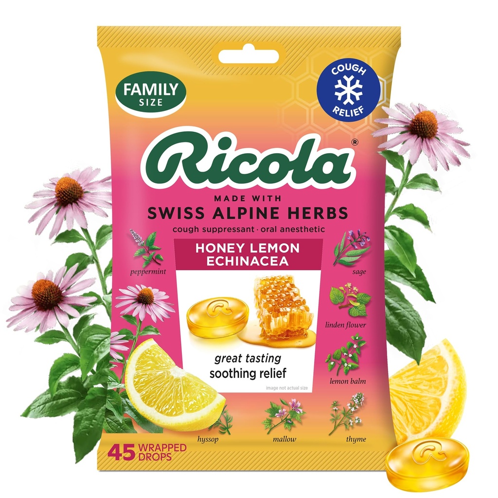 Ricola 꿀 레몬 와 Echinacea Cough Drops, 45 Count, Delicious Throat Relief & Care, 구두 마취약, 자연적으로 맛