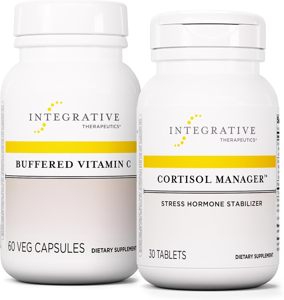 Cortisol Manager, 30 정제와 통합 치료 묶음 - 버퍼 비타민 C 캡슐 1,000 mg, 60 Vegan 캡슐 - Ashwagandha *와 스트레스 보충 - Antioxidants*와 면역 보충