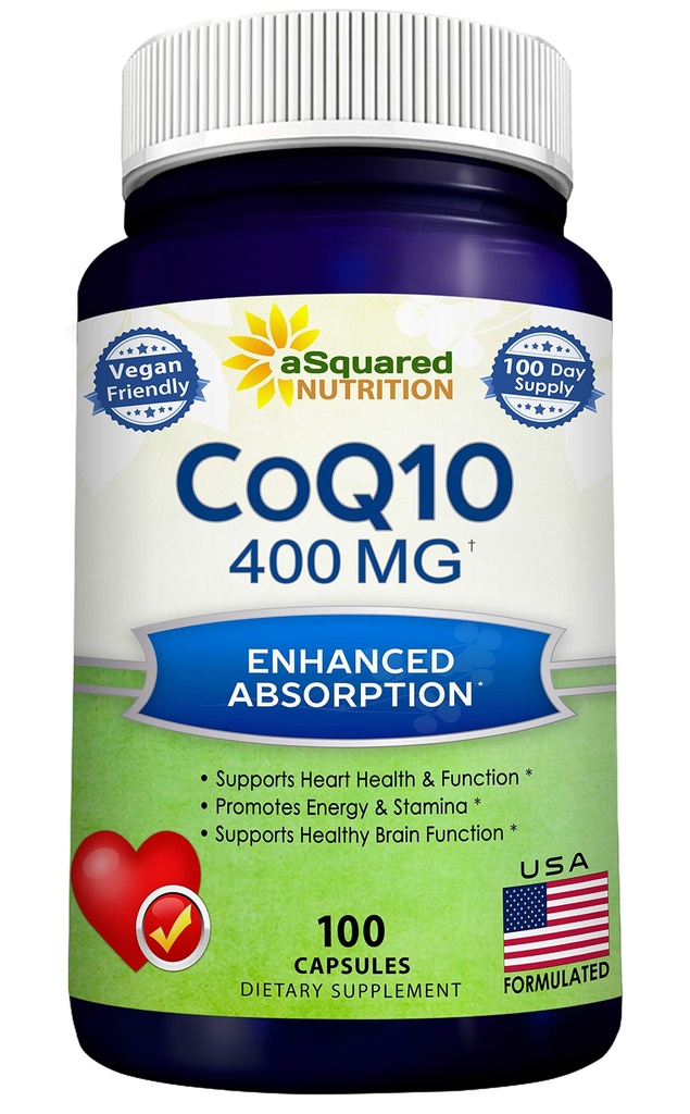 aSquared 영양 CoQ10 (400mg 최대 힘, 100 Veggie 캡슐) - 높은 흡수 Coenzyme Q10 분말 - Ubiquinone 보충교재 알약, 여분 산화 방지제 CO Q-10 효소 비타민 정제, Coq 10 400 mg