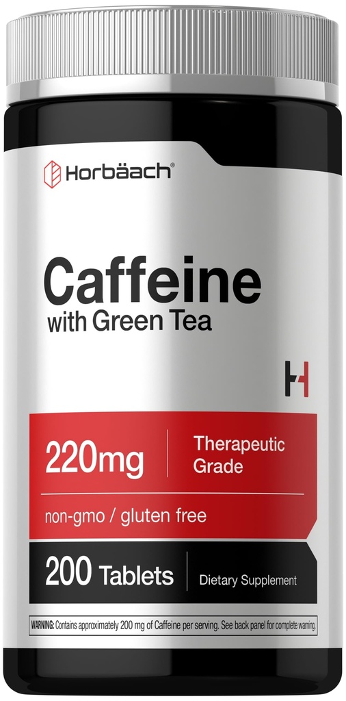 Horbäach Caffeine 환약 200mg | 녹차 포함 | 200 정제 | 채식주의, 비 GMO 및 글루텐 무료