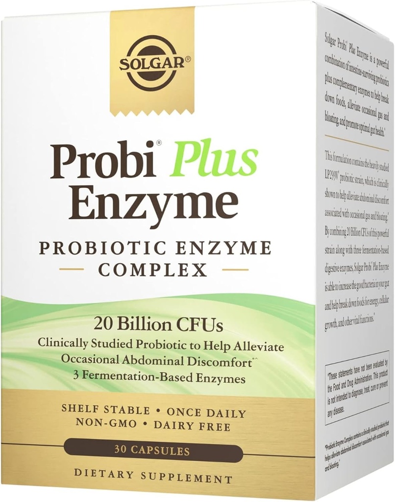 Solgar Probi Plus Enzyme Complex, 30 캡슐 - 20 억 CFU Probiotic Plus Enzymes - 매일 한 번 - 알레르기 Occasional Gas & Bloating - Non-GMO & Dairy Free, 30 서빙