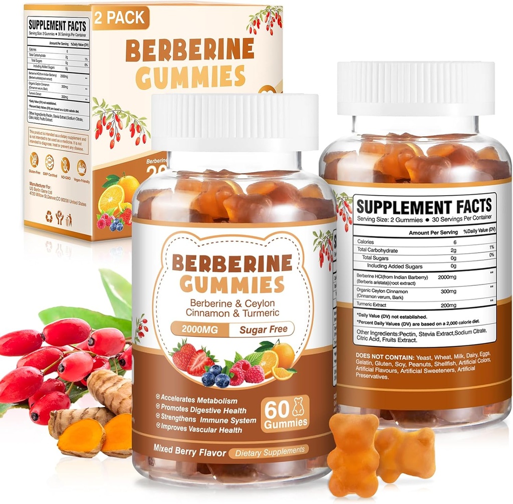 120 조사 Berberine 추출물 Gummies 2000mg 여성 남자를 위한 Ceylon Cinnamon 심황을 가진 자연적인 유기 Berberine 추출물 HCI 보충교재 소화 면역 체계 Metabolism 혼합 베리 풍미