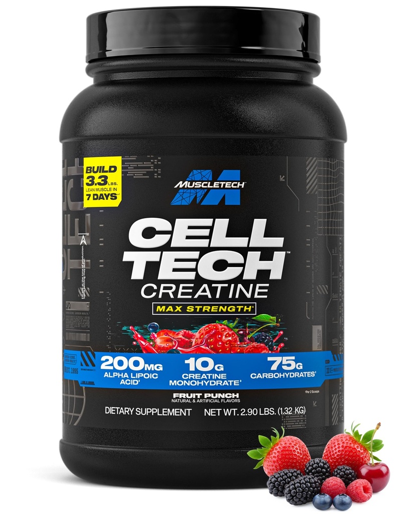 MuscleTech 크레아틴 Monohydrate 분말 세포 기술 크레아틴 포스트 운동 회복 남자를 위한 음료 근육 건축업자 & 여자 근육 건물 보충교재 과일 펀치, 3개 lbs (27 봉사)