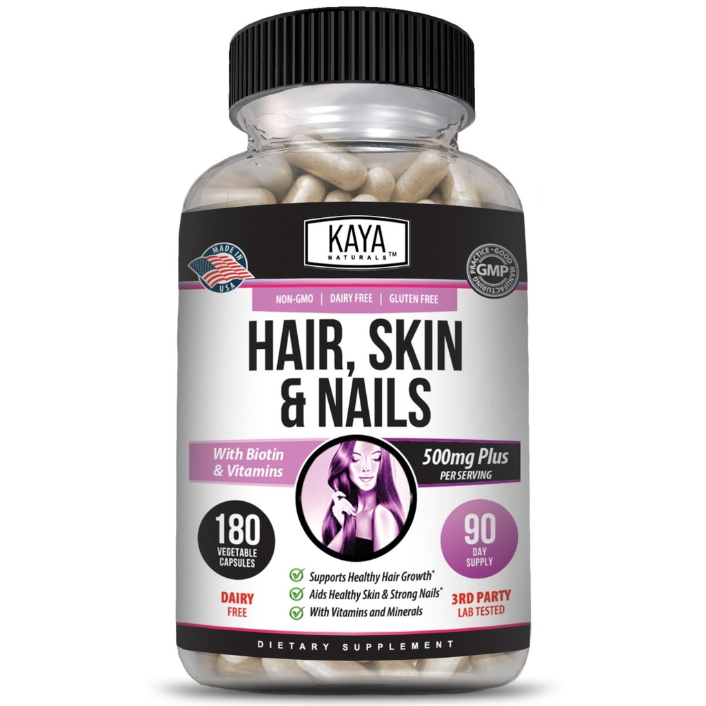 Kaya Naturals Hair Skin Nail Capsules BIOTIN 비타민 D 비타민 B-12 Folic Acid Support, Hair Support 비타민 보충 - 180 개