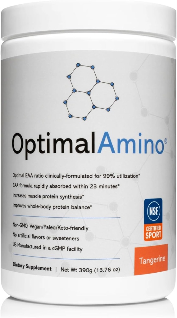 OptimalAmino Amino Acid Powder | 99 % Utilized Essential Amino Acid (EAA) 보충교재 | 사전 / 포스트 운동 및 근육 회복 | 스포츠 인증을위한 NSF | Tangerine 풍미