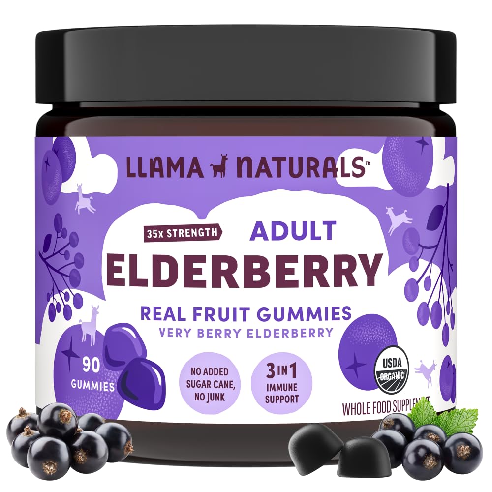 Llama Naturals Elderberry Gummies for Adults, Vegan, 비타민 C 및 아연, 면역성을위한 Real Fruit Gummy Vitamins, Chewable, No 추가 Sugar Cane, 90 Ct