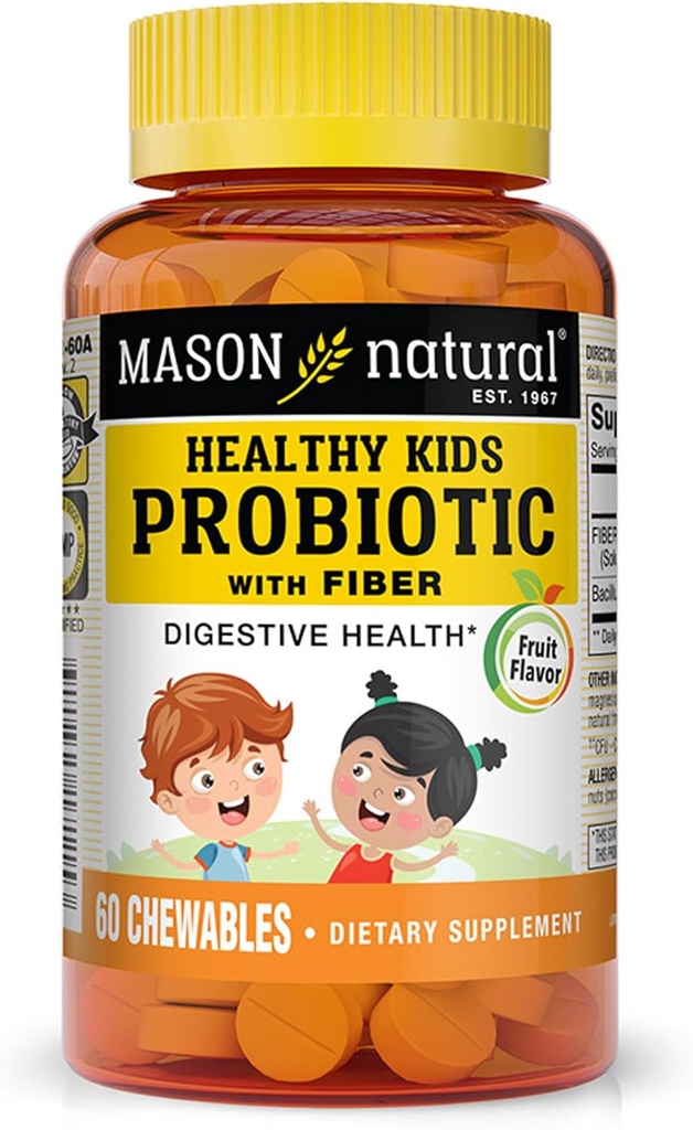 MASON NATURAL 섬유를 가진 건강한 아이 Probiotic - 건강한 소화 기능, 개량한 Gut 건강, 60 Chewables