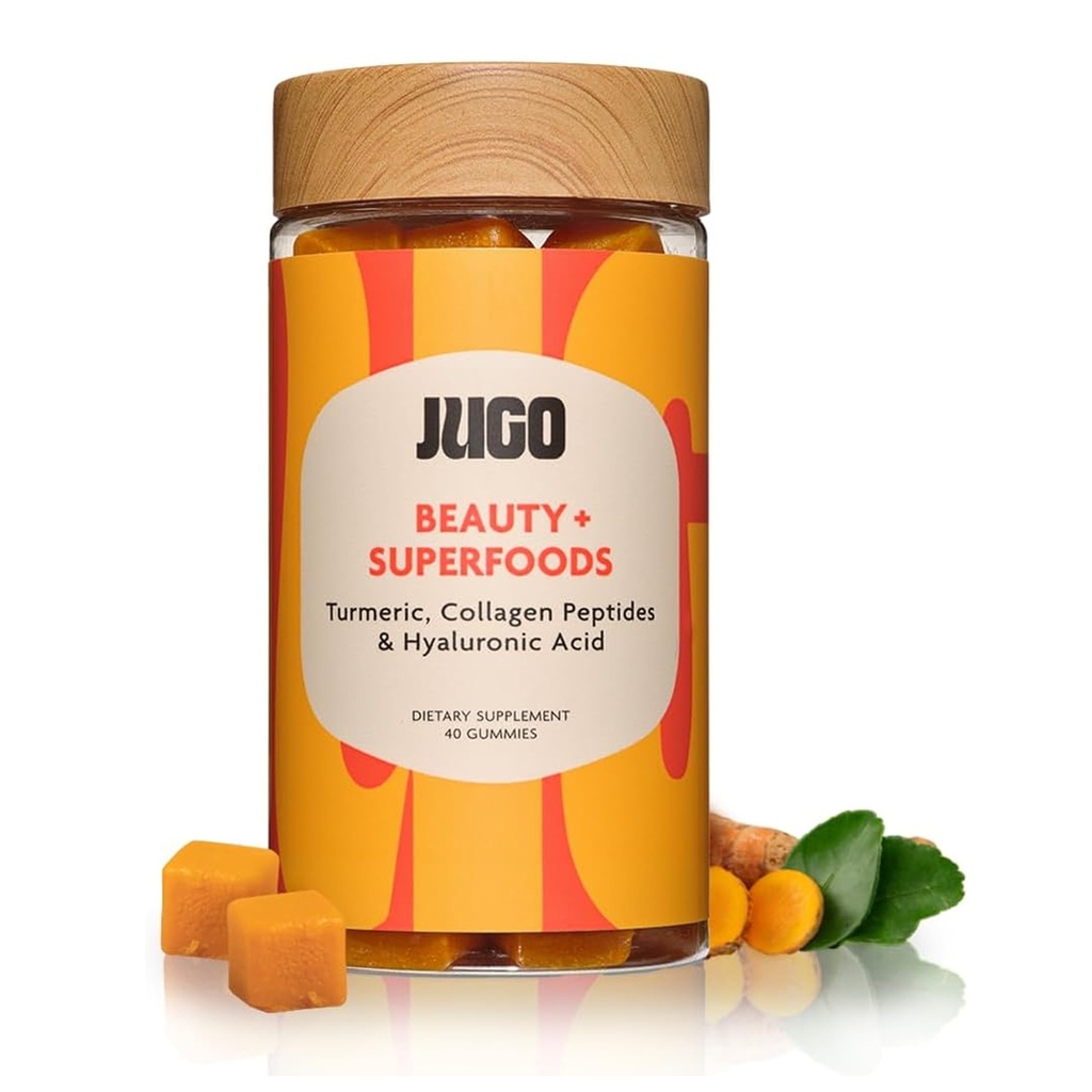 JUGO Beauty + SUPERFOODS | Hyaluronic Acid & Turmeric의 헤어 스킨 네일 보충 | 40 Count Plant-Based Gummies | 젤라틴 프리, 비 GMO, 미국